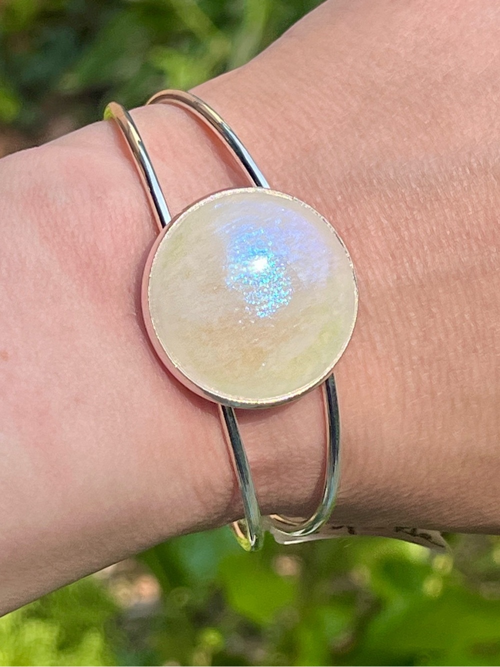Silver tone quartz with sparkle effect Round Cuff Bracelet adjustable handmade